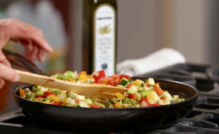 Beautiful skillet of fresh vegetables being cooked in an episode ofFarm to Taste: Nourishing your microbiome