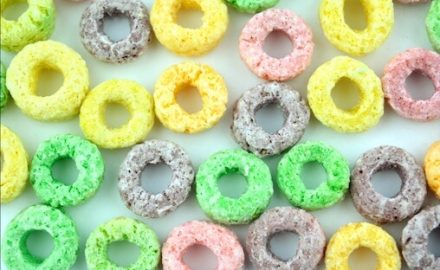 Brightly colored O shaped cereal is an example of a low fiber food.