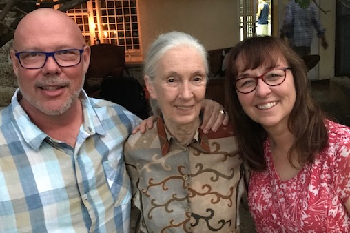 Alan Greene, Jane Goodall, Cheryl Greene -- meeting Jane Goodall