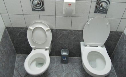 An adult size toilet next to a child size toilet. Photo by Leonora Enking.