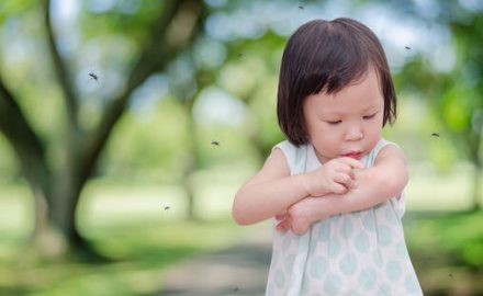 Treat prevent mosquito bites. Young Asian girl outdoors, surrounded by mosquitos. Mosquito Bites can cause minor irritation, severe allergic reaction, every where inbetween and in some cases spread disease.