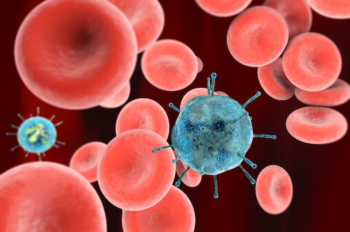 Virus and blood cells. Viruses are not alive.